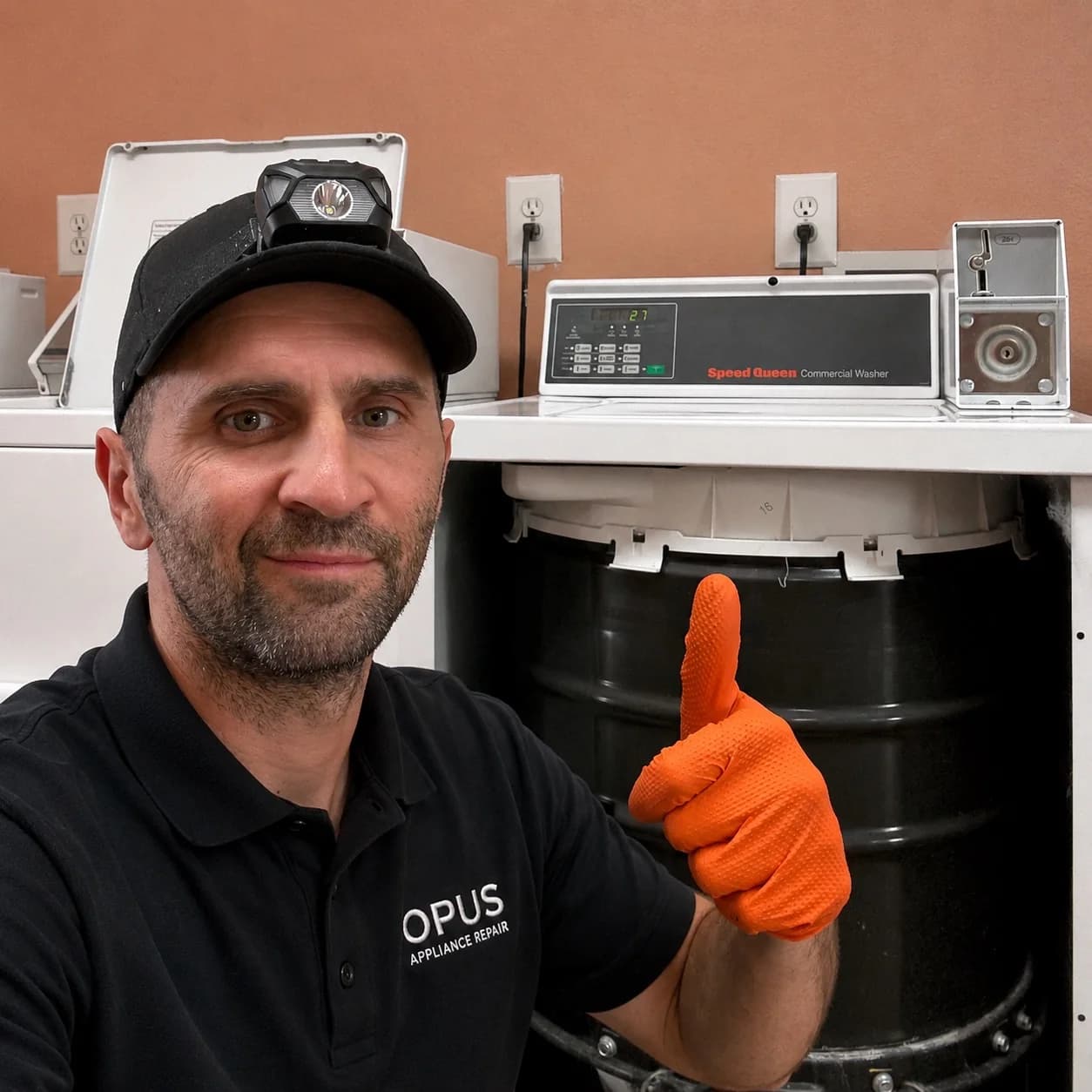 OPUS technician next to a Speed Queen coin-operated commercial washer in San Diego